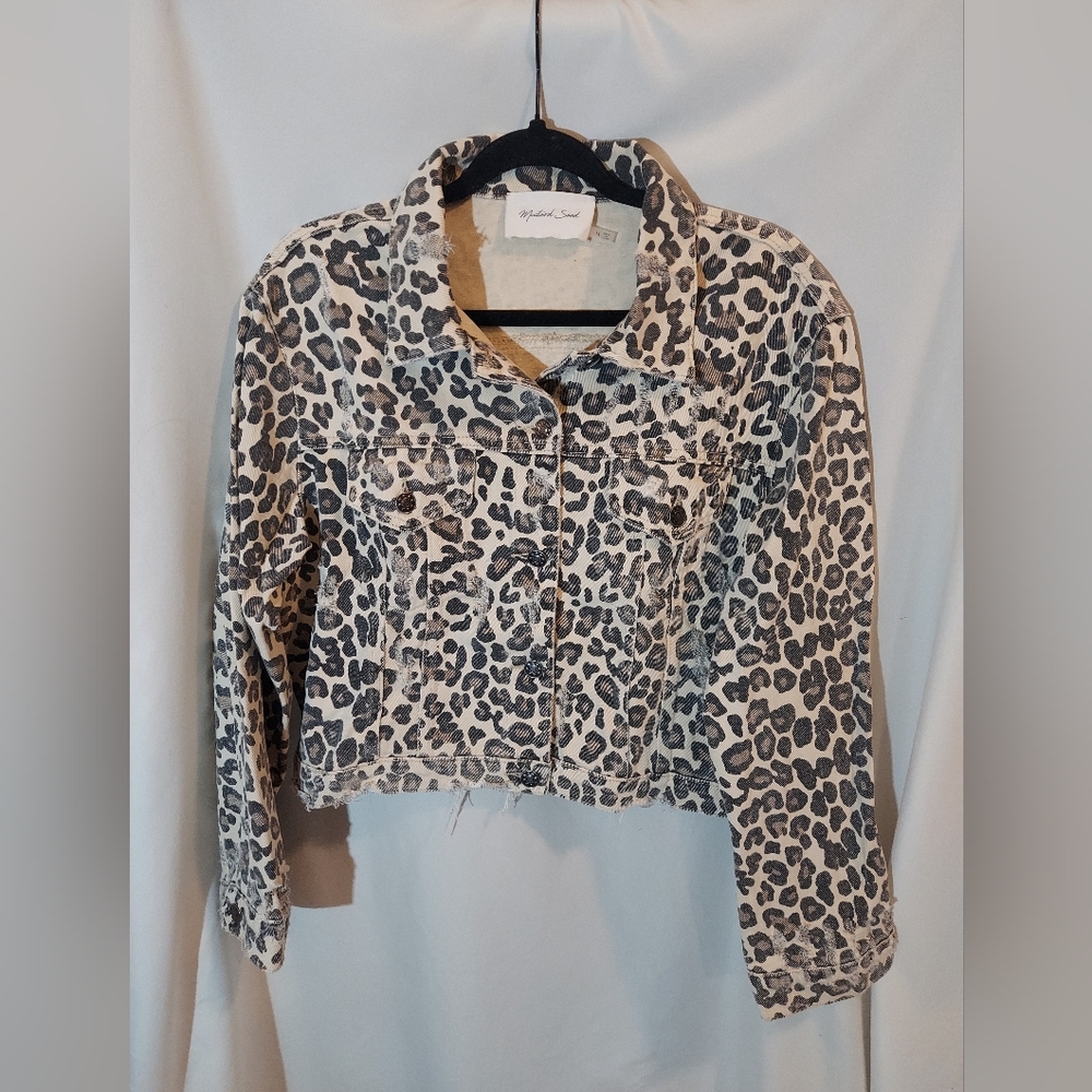 Mustard Seed Animal Print Cropped Distressed Jean Jacket